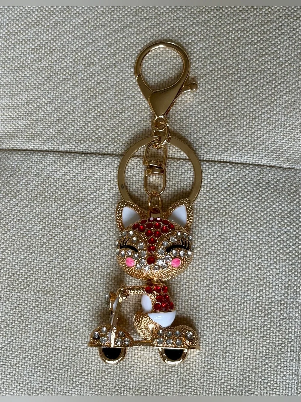 Gold-tone Crystal Cat Keychain Charm